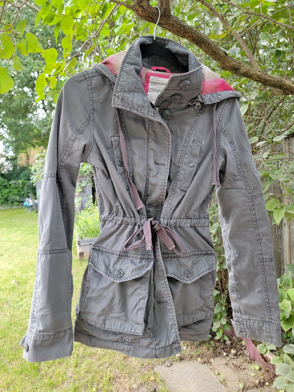 Aeropostale Y2K Vintage Gray Utility Jacket with Pink Plaid Interior Lined Hood